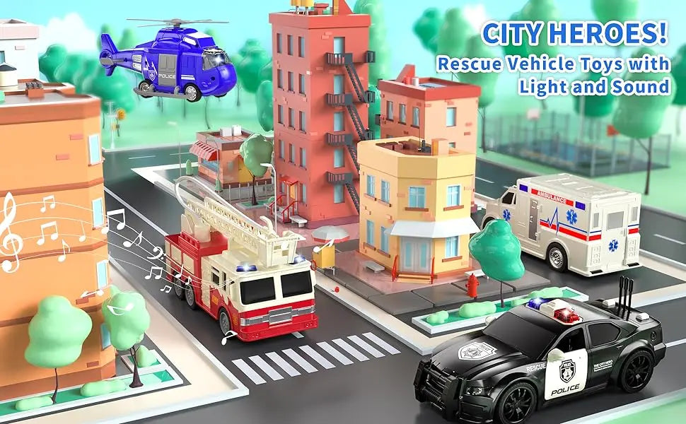 Friction Powered Emergency Vehicle Toy Set with Lights and Sounds