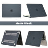 Matte black protective case for a MacBook shown in various angles.