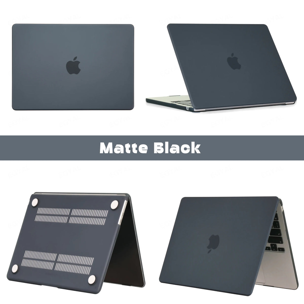Matte black protective case for a MacBook shown in various angles.