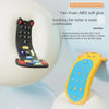 A yellow silicone teether toy with buttons is shown next to a white ball, designed for soothing a baby's molar.