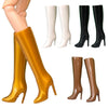 A set of fashion doll accessories including gold boots, white boots, black boots, and brown boots.