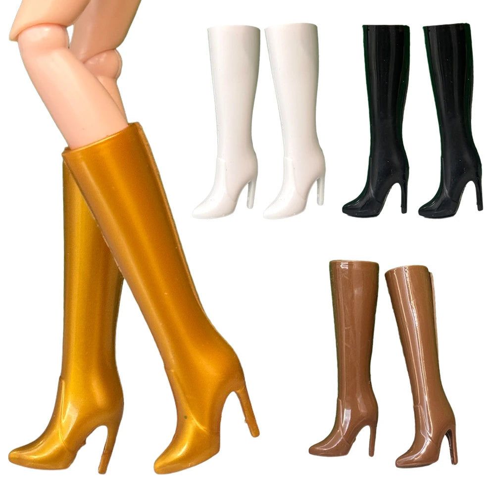 A set of fashion doll accessories including gold boots, white boots, black boots, and brown boots.