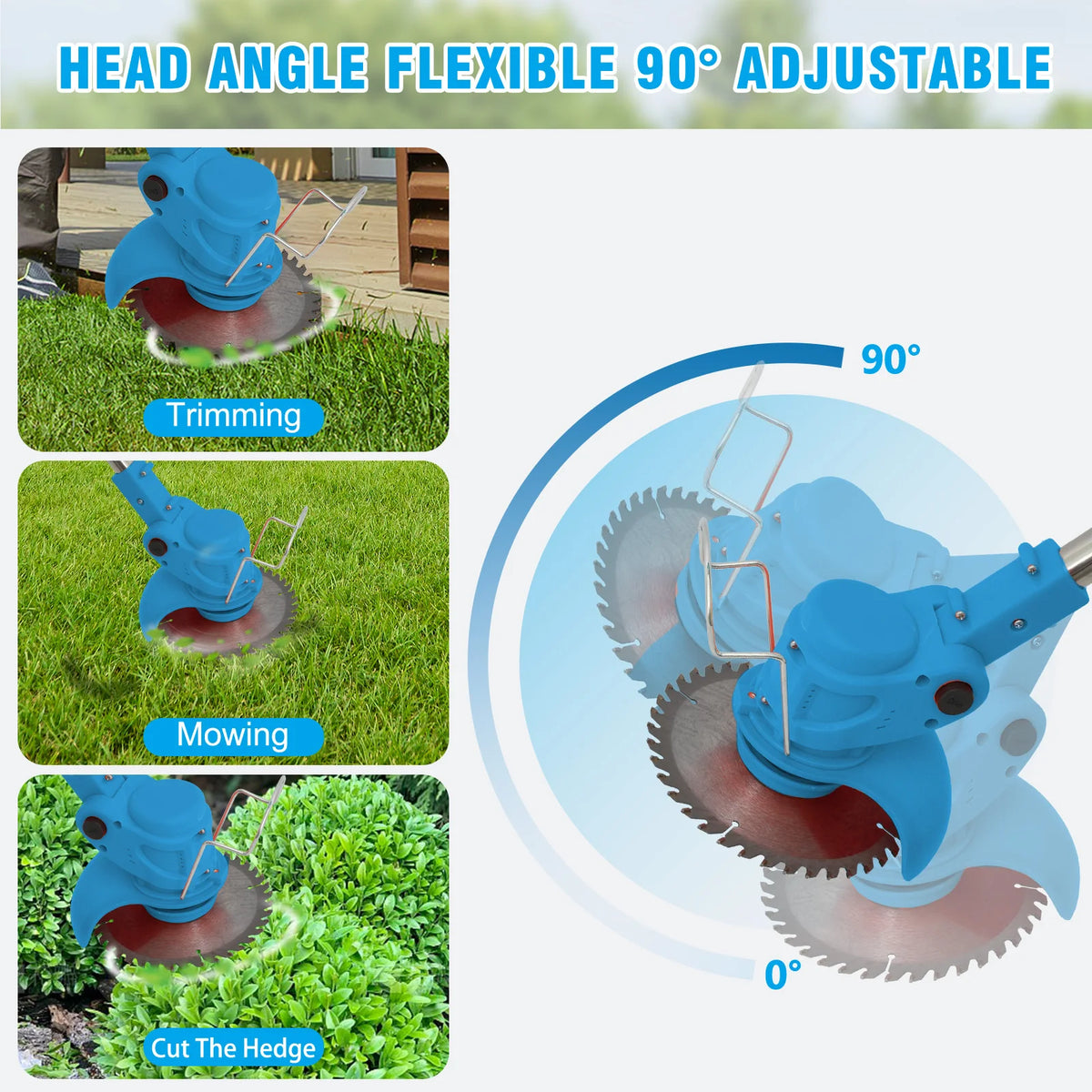 Blue head angle flexible 90 degree adjustable grass trimmer and edger for trimming and mowing