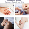 Various adhesive bandages and wound care products shown on skin for minor cuts and bruises.