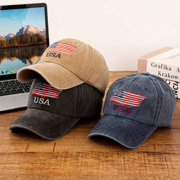 Vintage Washed Cotton Baseball Cap with Embroidered American Flag