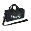 A black duffel bag with a navy blue accent featuring the word Sport printed in white.
