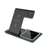 A black foldable wireless charging station with multiple charging ports for devices like iPhones, Apple Watches, and AirPods.