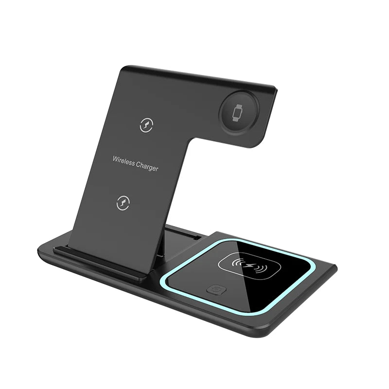 A black foldable wireless charging station with multiple charging ports for devices like iPhones, Apple Watches, and AirPods.