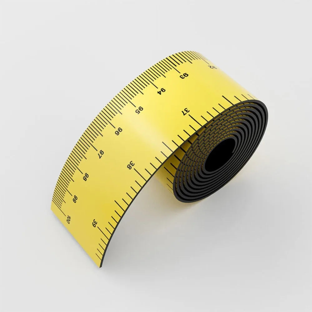 A yellow magnetic flexible measuring ruler rolled up, showing markings from 39 to 93.
