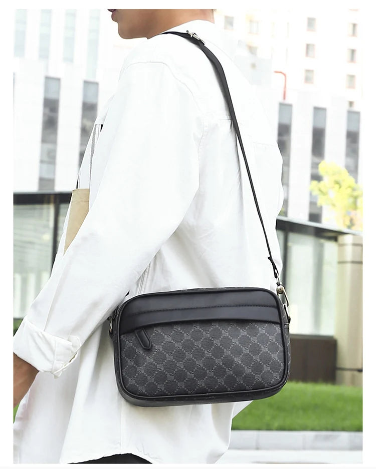 Men's Casual PU Leather Shoulder Bag with Zipper Pockets