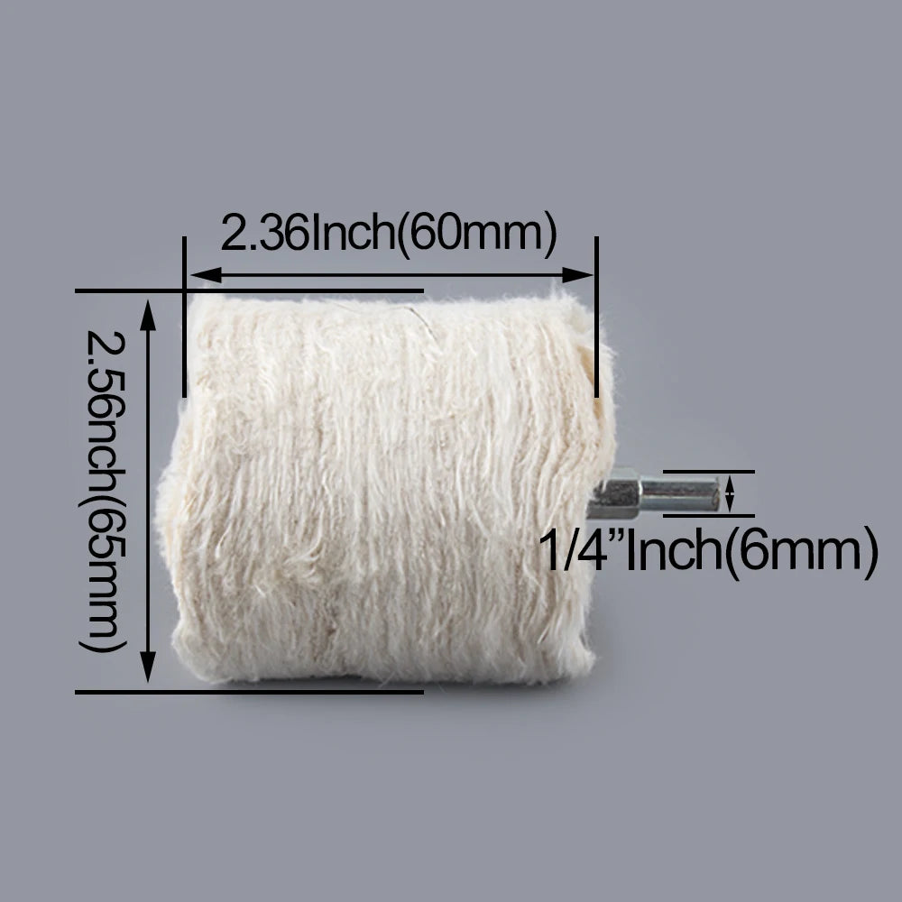 A roll of white cotton polishing buffing wheels with a 1/4 inch shank shown against a gray background.