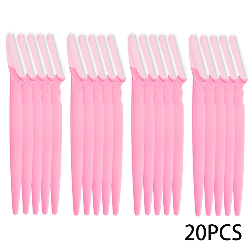 A set of twenty pink precision eyebrow razors for facial grooming and dermaplaning.