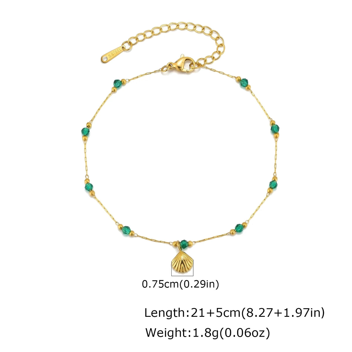 Gold chain anklet featuring green beads and a shell charm