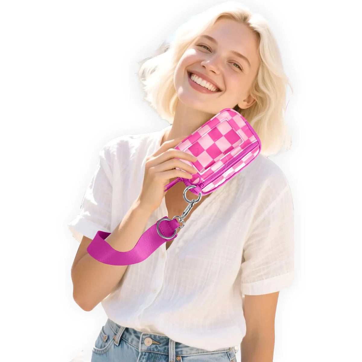 Checkered Card Case Wallet with Detachable Keychain and ID Window
