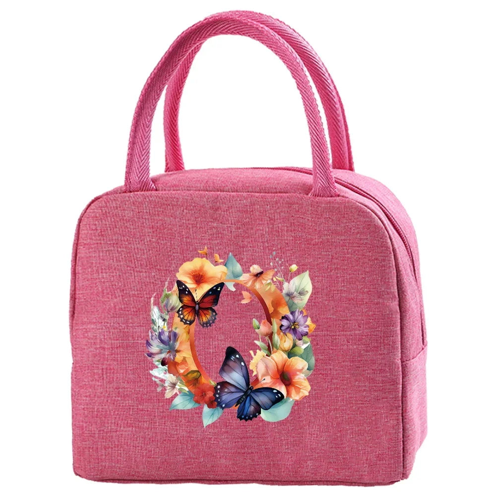 Insulated Canvas Lunch Bag with Butterfly Letter Pattern