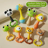A collection of colorful baby animal rattle teether toys including a panda, giraffe, frog, and monkey.