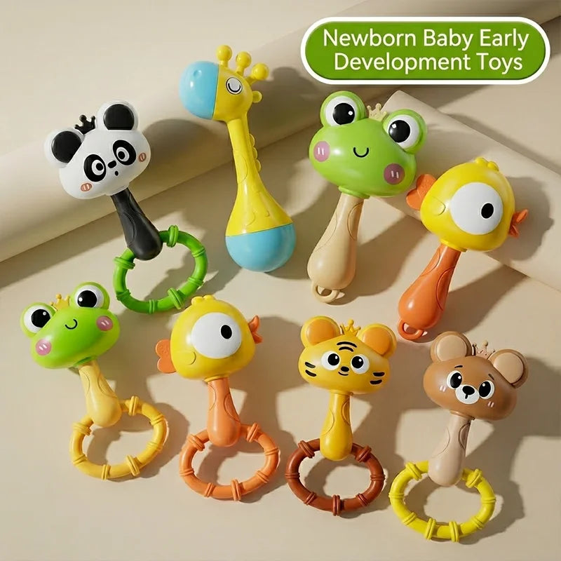 A collection of colorful baby animal rattle teether toys including a panda, giraffe, frog, and monkey.