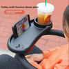A black multi-function dinner plate tray is shown holding a mobile phone and a beverage cup on a person's lap.