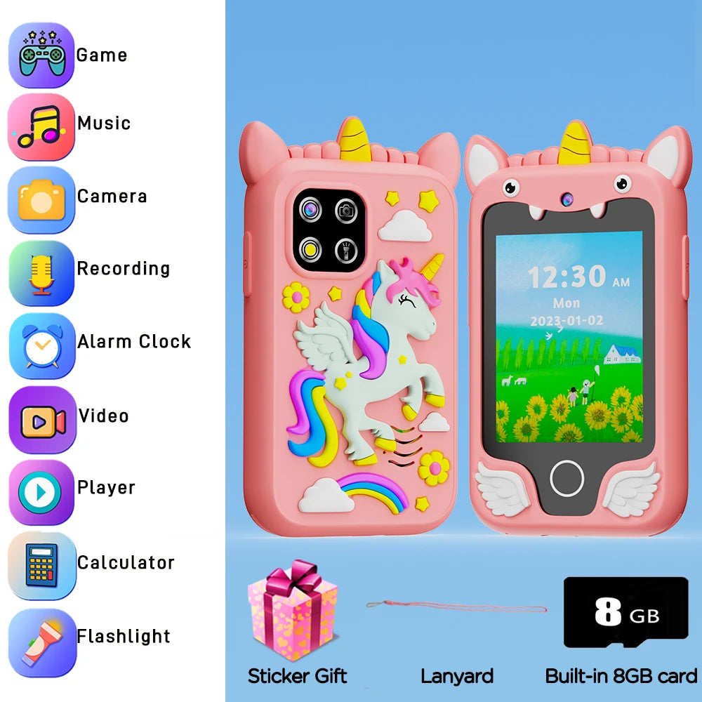 A pink silicone learning phone featuring various functions like game, music, camera, recording, alarm clock, video player, an