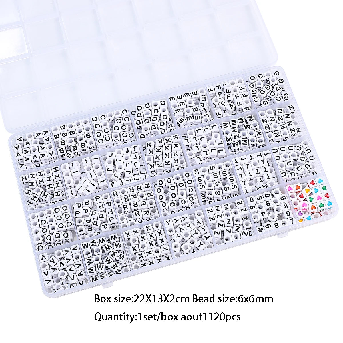 A set of acrylic letter beads with a grid storage box for jewelry making