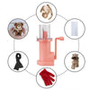A set of pink portable hand-crank knitting tools including a bear, a white item, a black scarf, and a red glove.