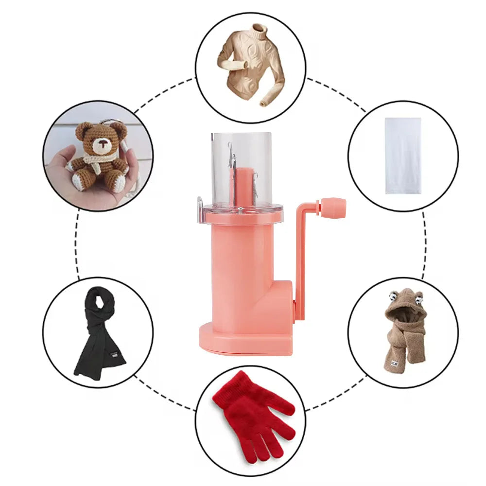A set of pink portable hand-crank knitting tools including a bear, a white item, a black scarf, and a red glove.