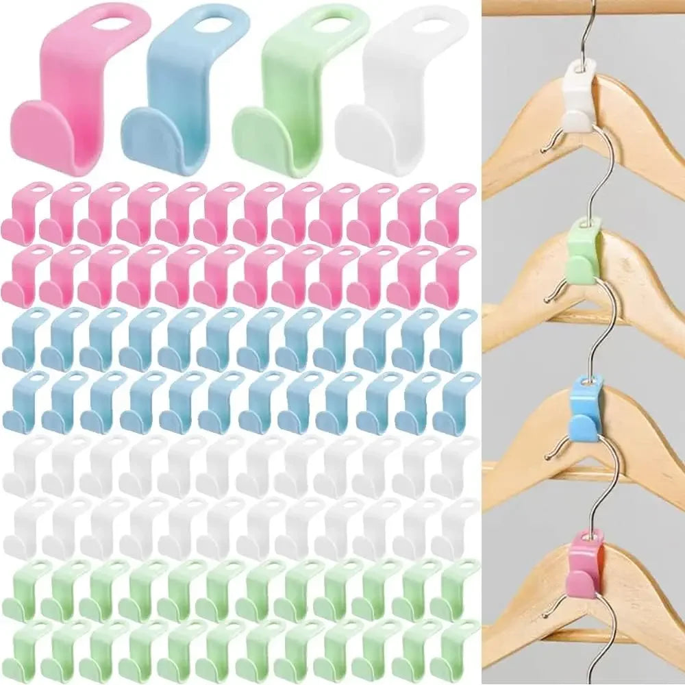 A collection of space-saving cascading hanger connectors in various colors and finishes for closet organization.