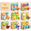 A collection of 32 wooden jigsaw puzzles featuring various animals and traffic vehicles for kids.