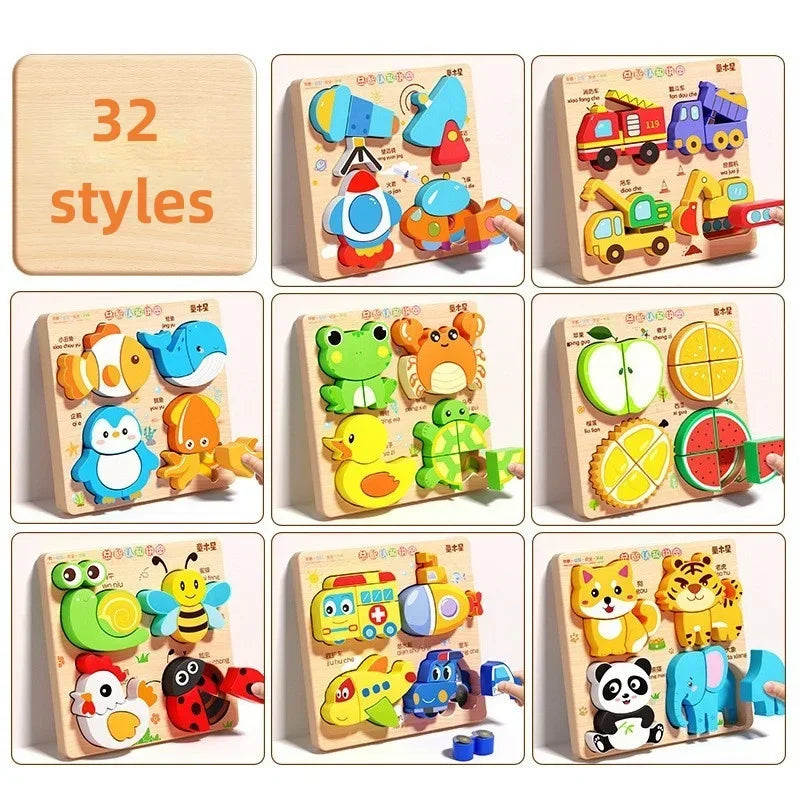 A collection of 32 wooden jigsaw puzzles featuring various animals and traffic vehicles for kids.