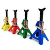 Six metal RC jack stands in yellow, red, green, and blue colors displayed side by side.