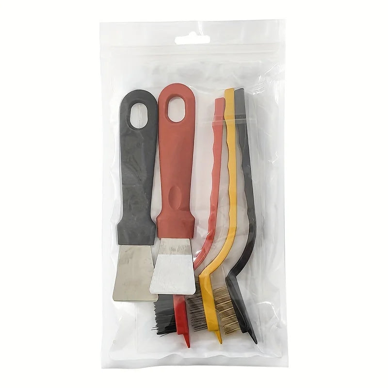 A clear plastic bag containing a set of kitchen cleaning brush and scraper tools in various colors.