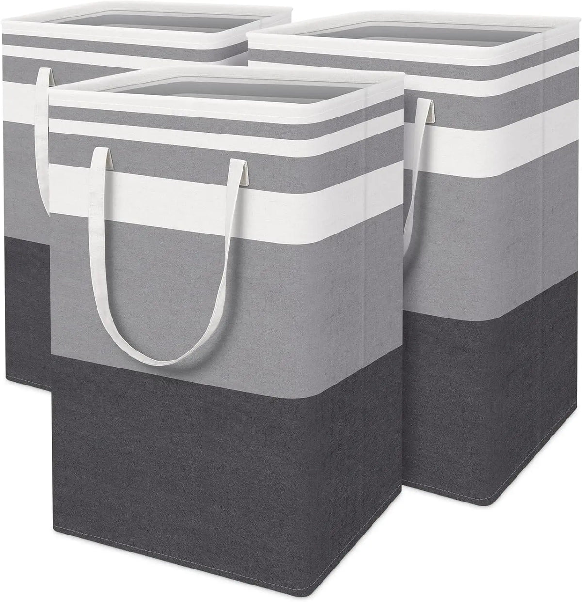 A stack of gray and white collapsible laundry hampers with handles.