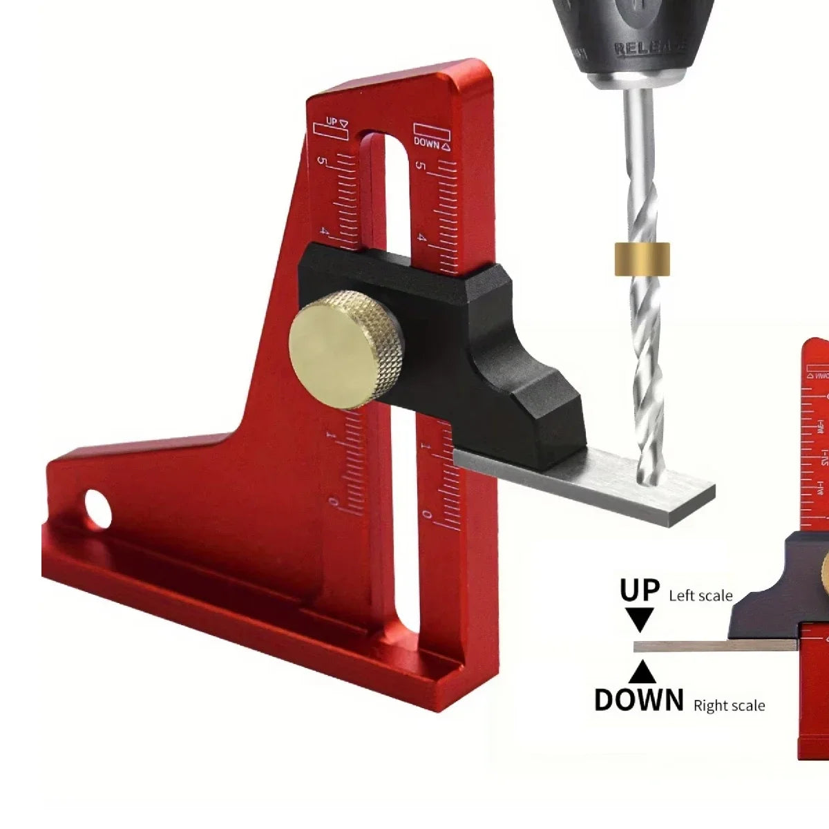A red precision aluminum height setting gauge with a movable block and a threaded rod for measuring tools.