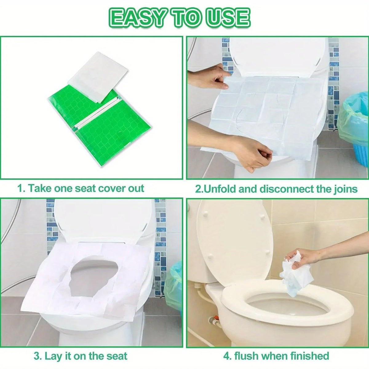 Instructions show how to use flushable disposable toilet seat covers for easy cleaning and disposal.