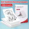 A stack of A4 folded thermal paper sheets and a box showing the product for portable printers.