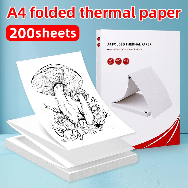 A stack of A4 folded thermal paper sheets and a box showing the product for portable printers.