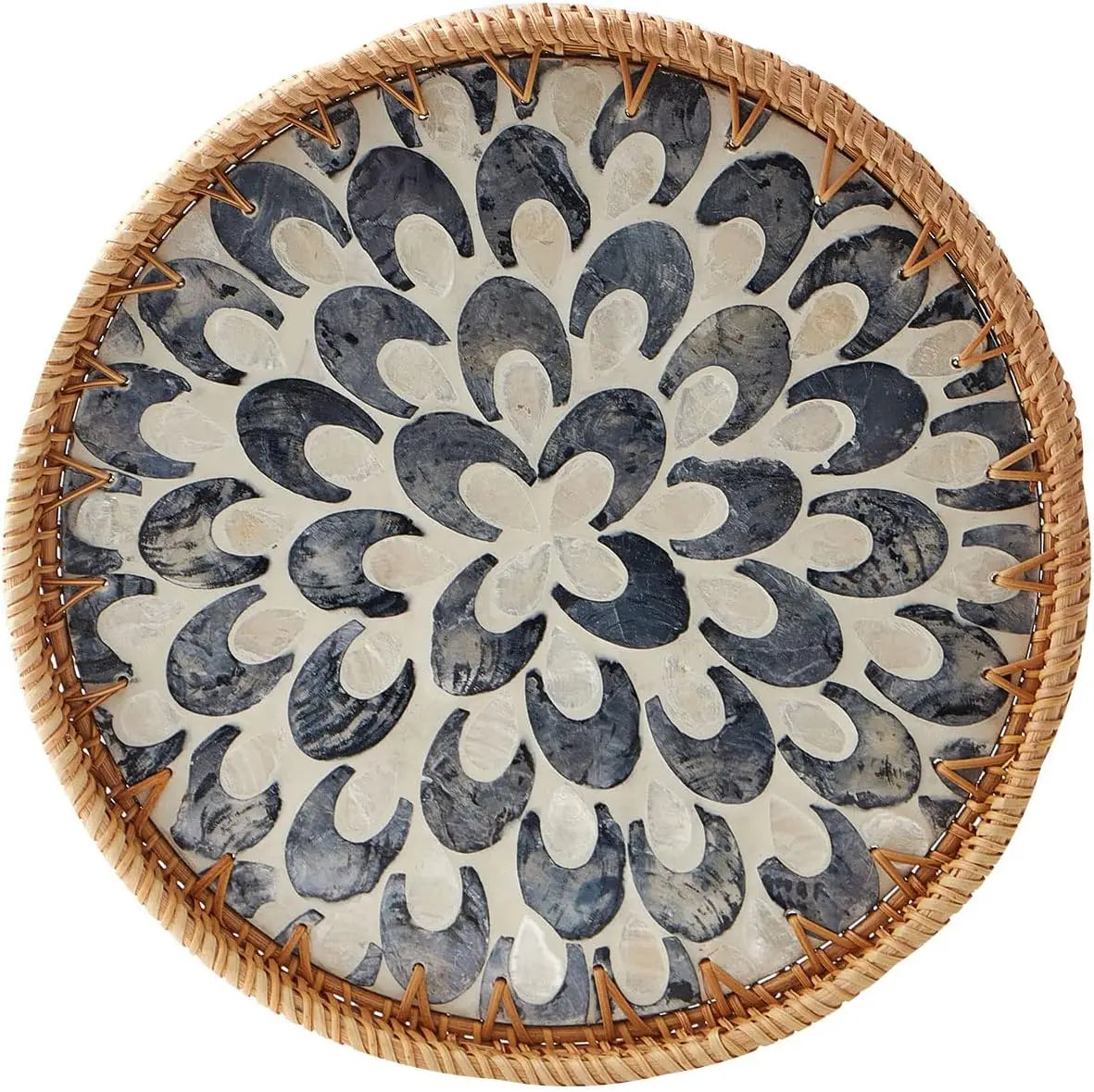 Handcrafted rattan serving tray with mother of pearl inlay featuring a circular pattern.