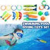 A set of swimming pool diving toys including fish, rings, and various aquatic shapes for kids.