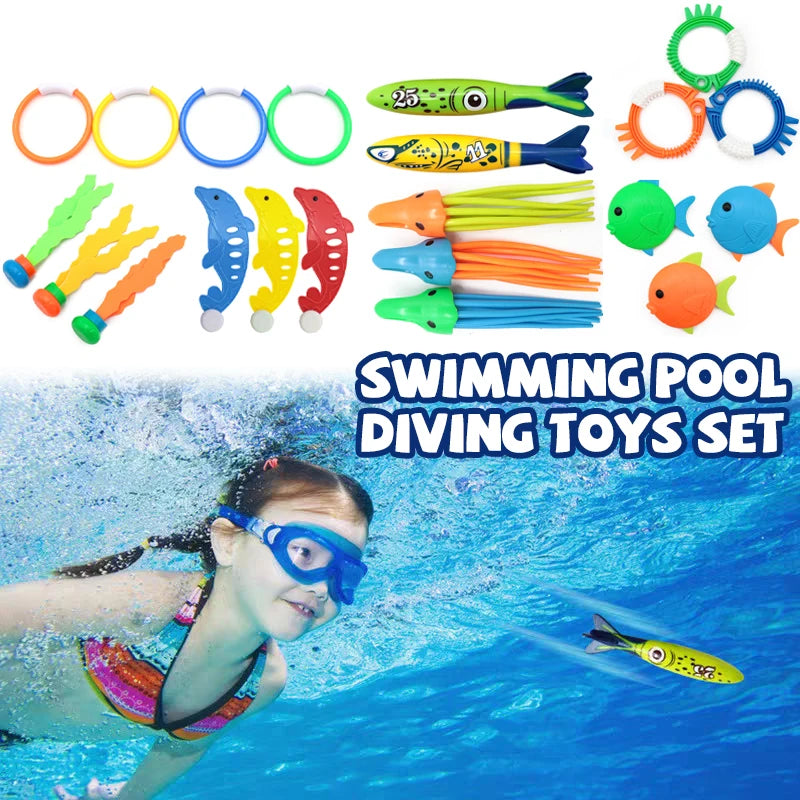A set of swimming pool diving toys including fish, rings, and various aquatic shapes for kids.