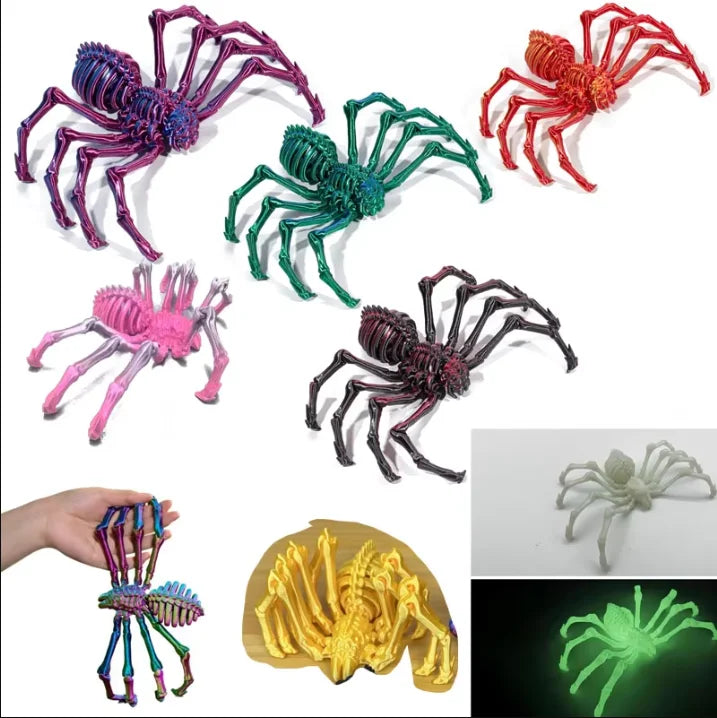 A collection of colorful, fuzzy pet toys including spiders and a yellow textured toy.