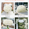 Various arrangements of white silk hydrangea flowers used for bridal bouquets, party centerpieces, home decor, and wedding ar