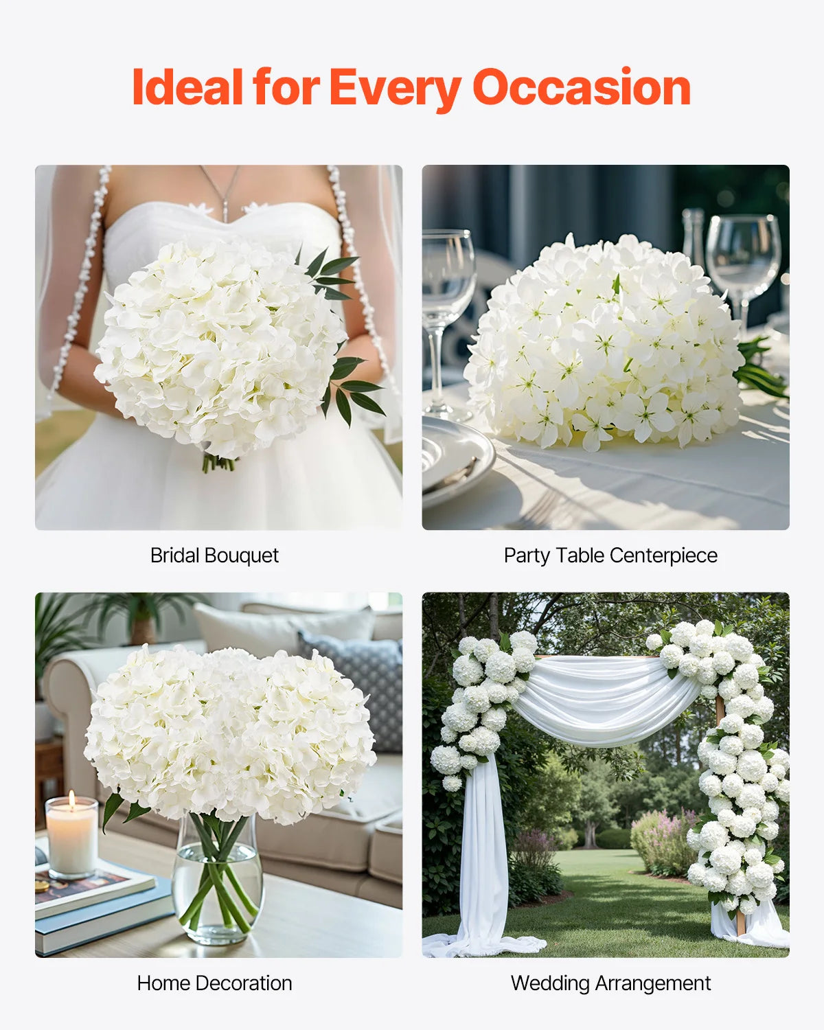 Various arrangements of white silk hydrangea flowers used for bridal bouquets, party centerpieces, home decor, and wedding ar