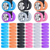 A set of silicone suitcase wheel protectors in various colors including blue, orange, black, and pink.