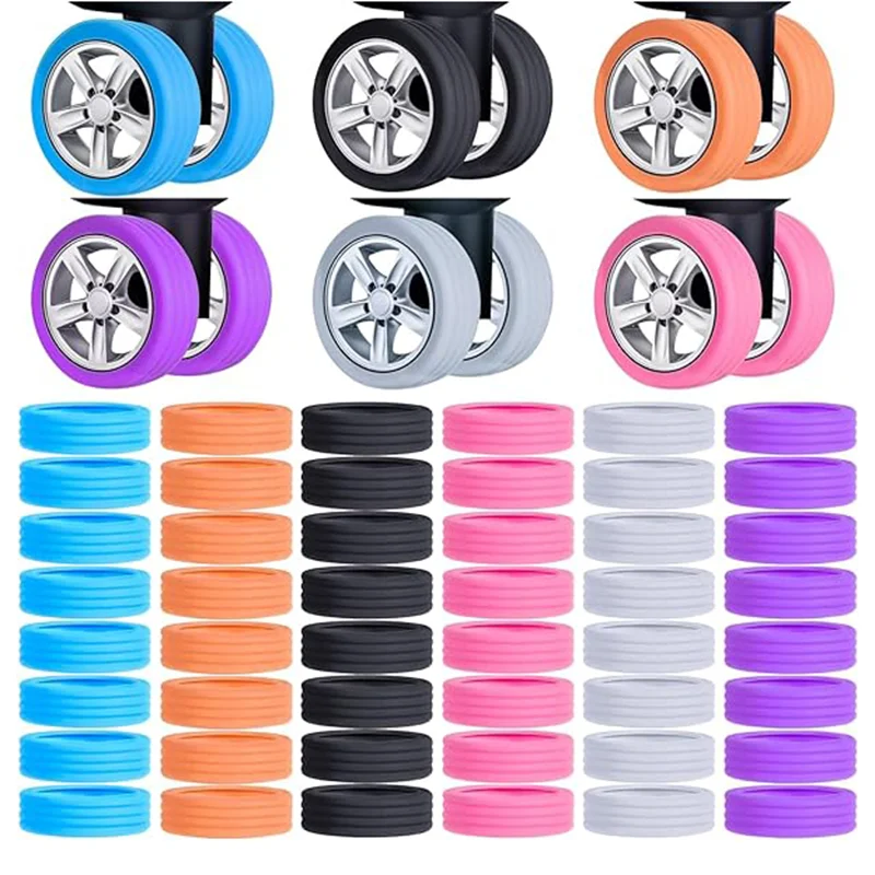 A set of silicone suitcase wheel protectors in various colors including blue, orange, black, and pink.