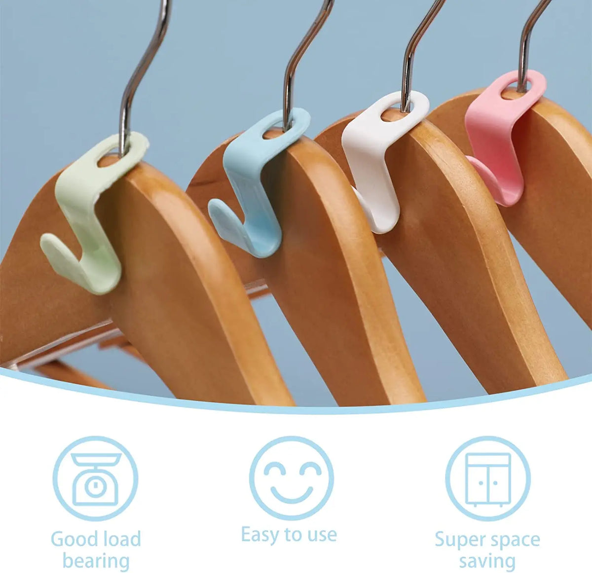 A set of colorful cascading hangers with various colored hooks demonstrating good load bearing, ease of use, and space saving