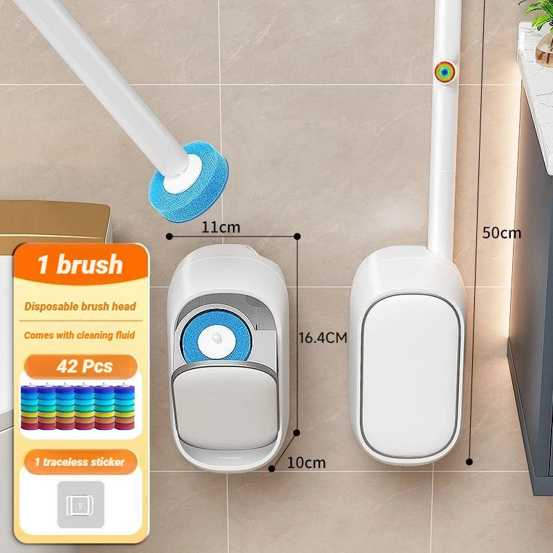 A wall-mounted disposable toilet brush set with a handle and brush head is shown next to its packaging.