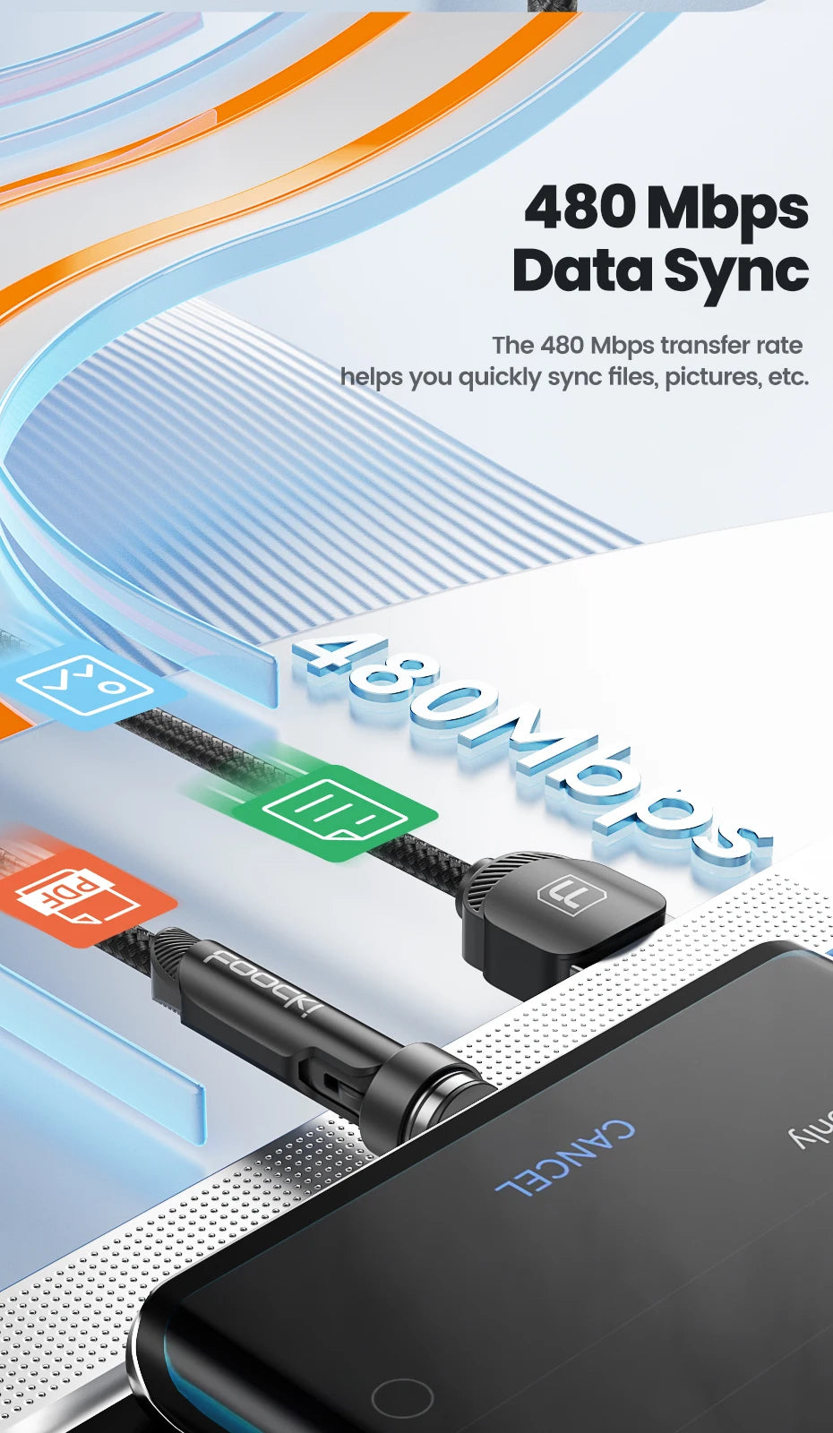 A close-up of a magnetic fast charging cable connecting a device to a computer, highlighting a 480 Mbps data sync feature.