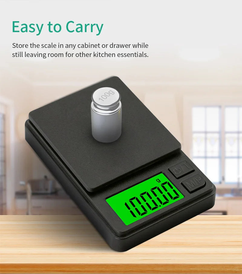 A black pocket digital scale with a silver jar on it, displaying 100.00g, resting on a wooden surface.