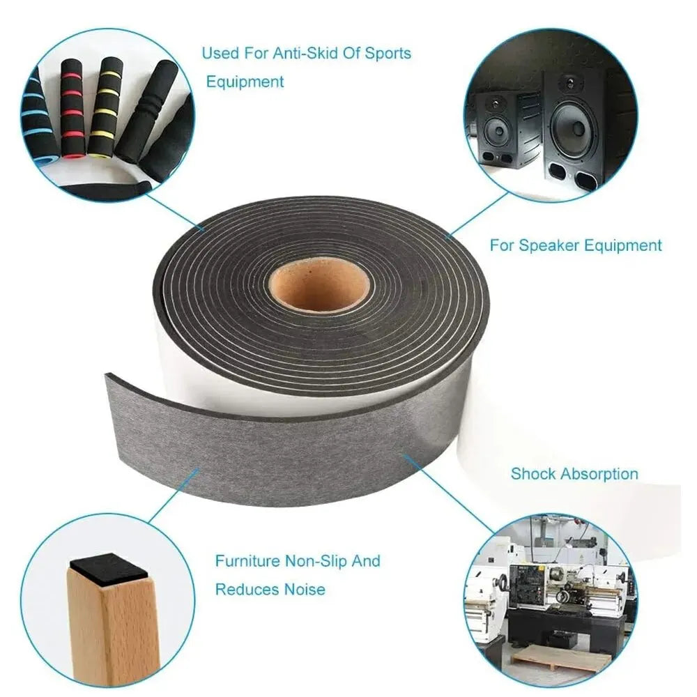 Roll of black 5mm thick EVA foam tape used for anti-skid equipment, speaker equipment, and shock absorption.