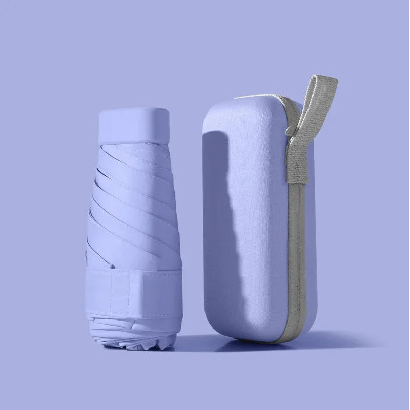 A light purple compact travel umbrella is shown next to its protective capsule case.